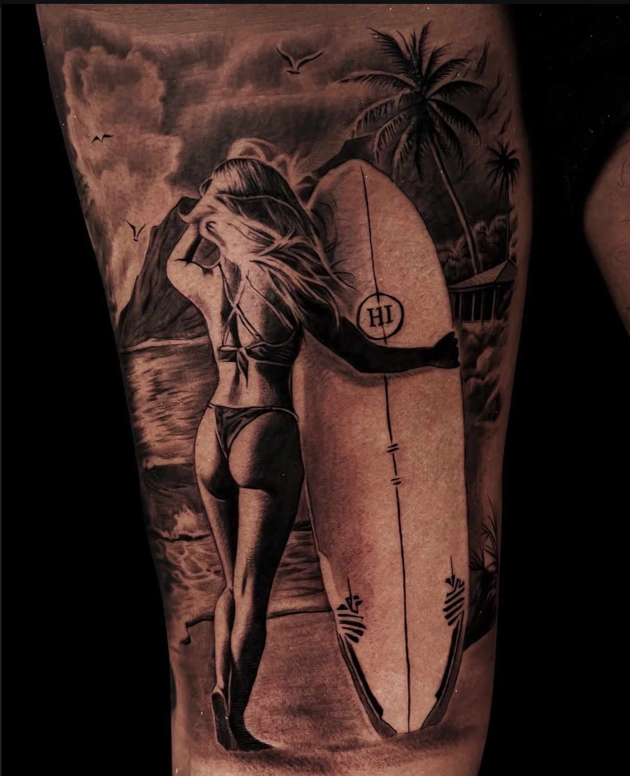 Black and grey Hawaii beach surfer scene tattoo